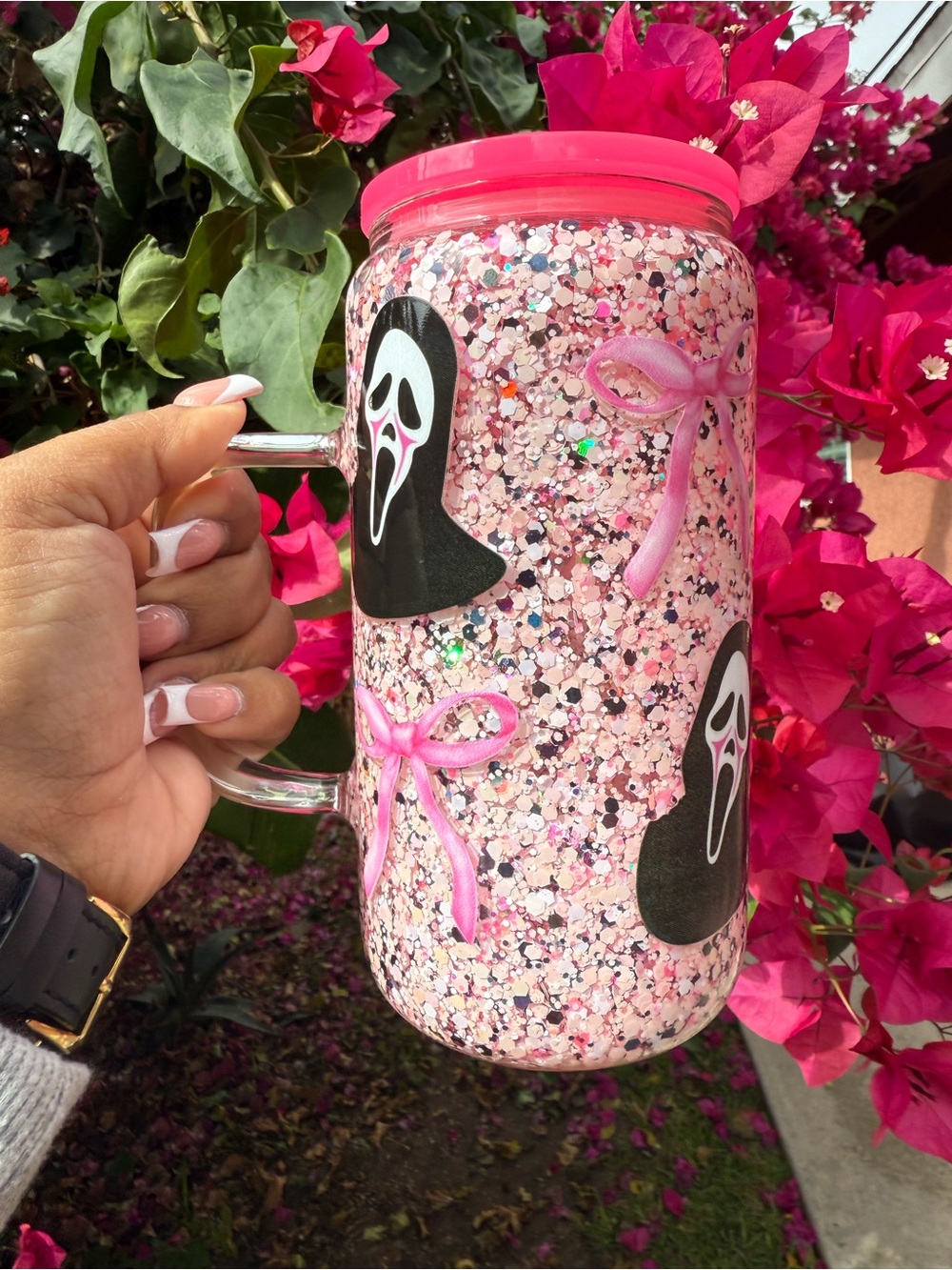 Pink Glitter 'Scream' Face Mason Jar Tumbler with Pink Lid